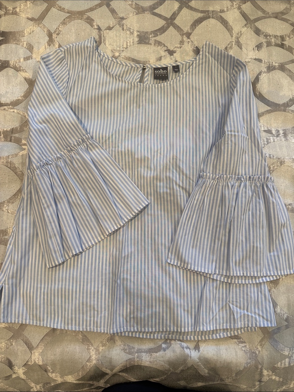 Soho Light Blue & White Striped Bell-Sleeve Blouse